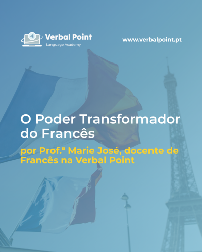 Promoção de curso de francês com bandeiras e Torre Eiffel ao fundo
