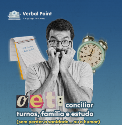 Homem preocupado com bloco de notas e relógio, texto Verbal Point no fundo azul