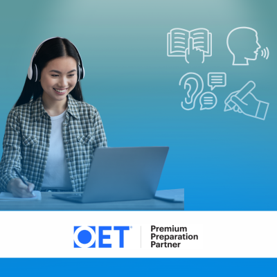 Jovem com auscultadores usa computador portátil com ícones educativos ao fundo e logo OET.