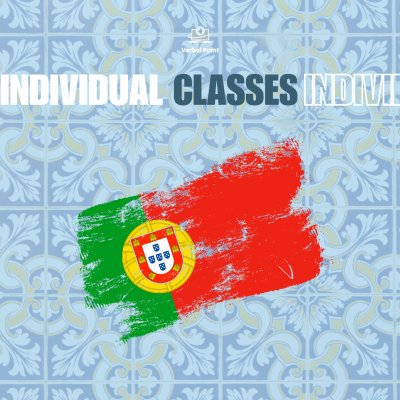 Azulejos azuis com padrão branco, bandeira de Portugal estilizada e texto INDIVIDUAL CLASSES.