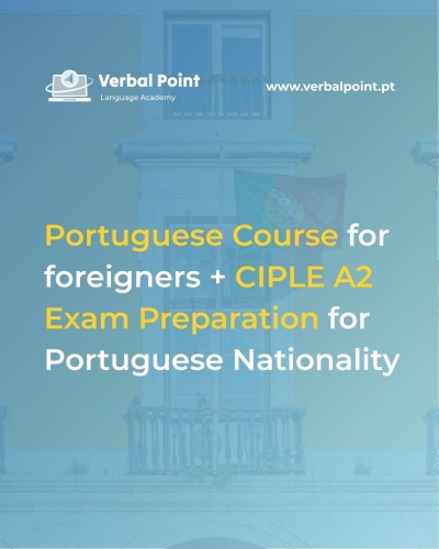 Material promocional de curso de português para estrangeiros e preparação para exame CIPLE A2.