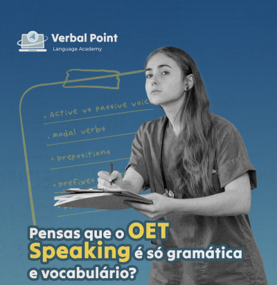 Jovem com camisa cinzenta e estetoscópio, segurando blocos de notas, em fundo azul com texto em português e inglês.