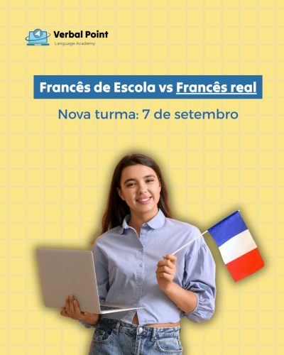 Jovem mulher com portátil e bandeira da França, fundo amarelo com texto promocional em português.