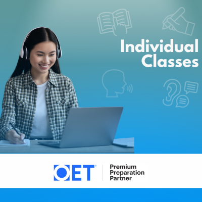 Jovem com auriculares a estudar num portátil com texto sobre aulas individuais e logótipo OET.