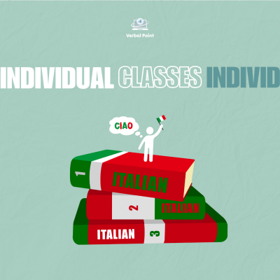 Livros vermelhos e verdes com texto ITALIAN, figura humana com bandeira italiana e balão de diálogo com CIAO