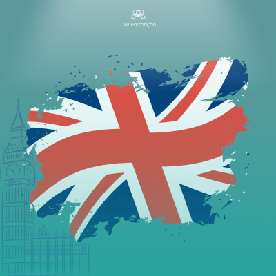 Bandeira do Reino Unido estilizada com manchas de tinta, fundo verde azulado e desenho do Big Ben