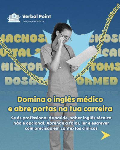Profissional de saúde com uniforme cinzento e estetoscópio segura papel em fundo azul com textos promocionais