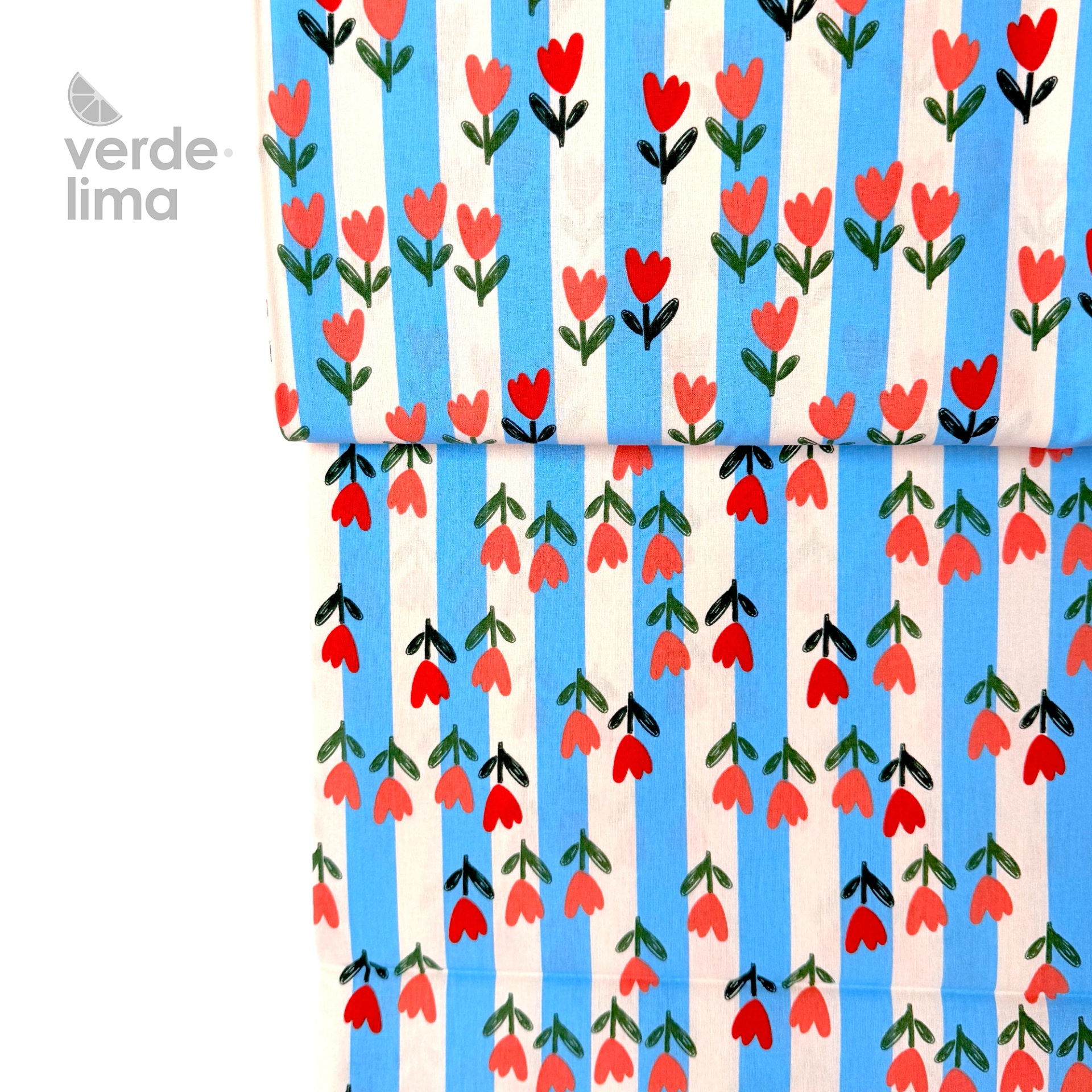 Tecido de Algodão - Riscas azuis e tulipas Tecido de Algodão - Riscas azuis e tulipas