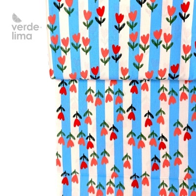 Tecido de Algodão - Riscas azuis e tulipas