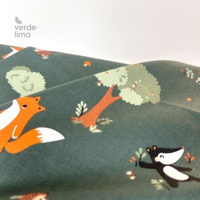 Tecido de Algodão - Animais do bosque fundo verde