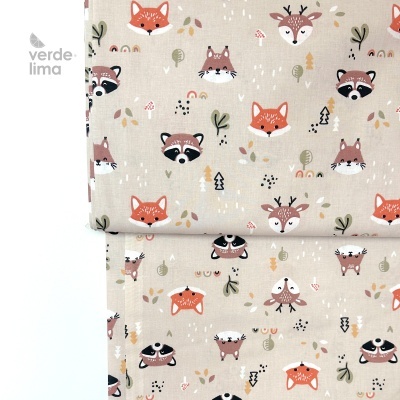 Tecido de Algodão - Animais do bosque fundo areia