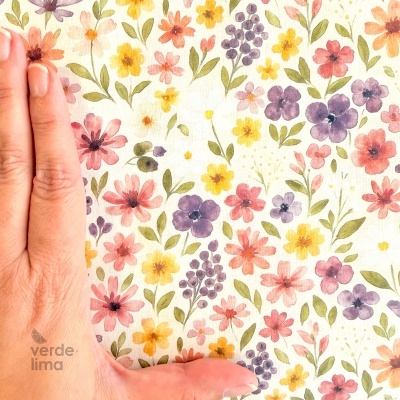 Tecido de Algodão - Estampado digital - Flores fundo creme