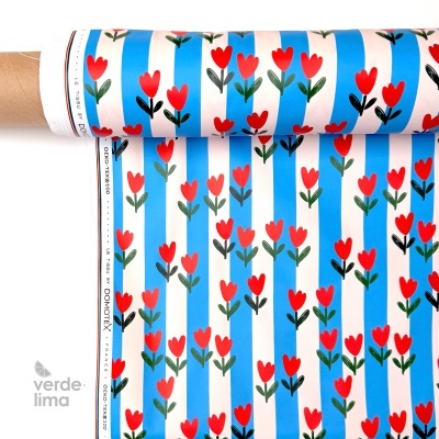 Tecido raincoat - Riscas azuis e tulipas