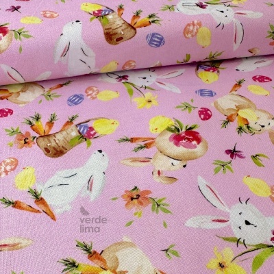 Tecido de Algodão - Hoppy Easter - Coelhinhos fundo rosa