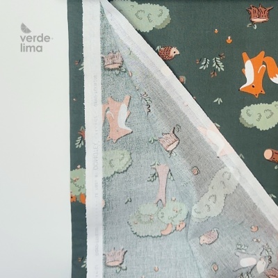 Tecido de Algodão - Animais do bosque fundo verde