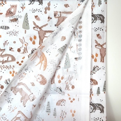 Tecido de Algodão - Animais do bosque fundo branco