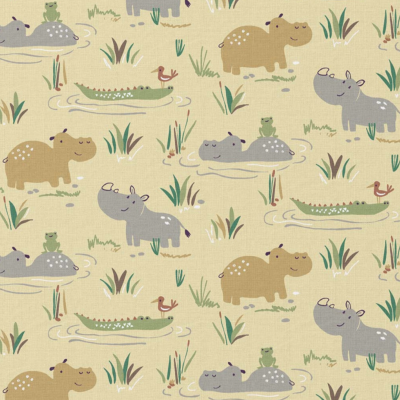 Tecido de Algodão - Animais da Selva - Crocodilos e Rinocerontes