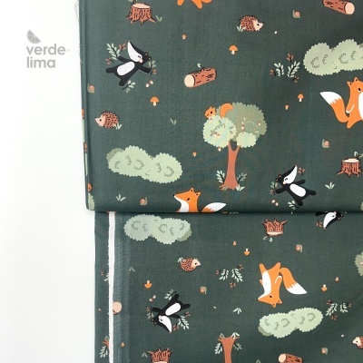 Tecido de Algodão - Animais do bosque fundo verde