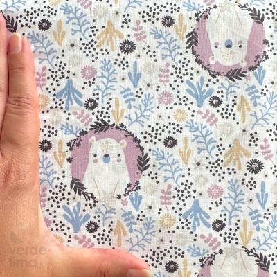 Tecido de Algodão - Bunny and Bear - Ursos e flores