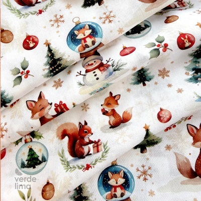 Tecido de Algodão - Estampado digital - Animais Natalícios