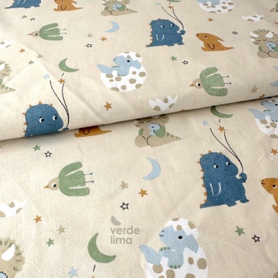 Tecido de Algodão - Baby dinossaur - Fundo bege