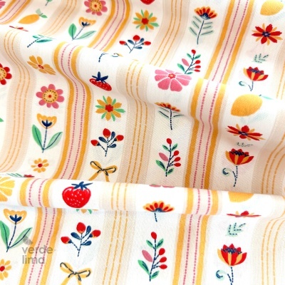 Tecido de Algodão - Riscas com flores e frutas