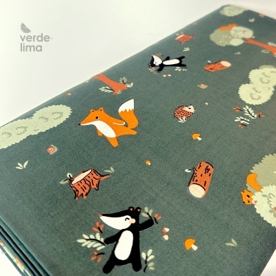Tecido de Algodão - Animais do bosque fundo verde