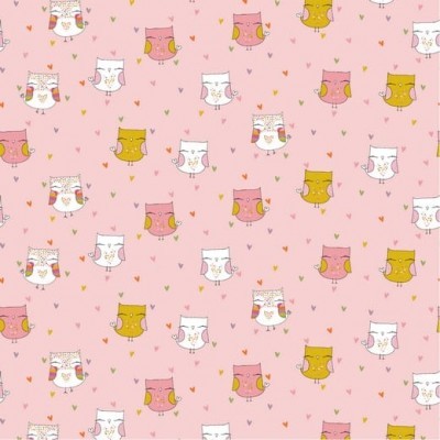 Tecido de Algodão - Lovely Owls - fundo rosa (com Glitter)