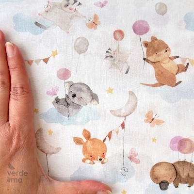 Tecido de Algodão - Estampado digital - animais e balões
