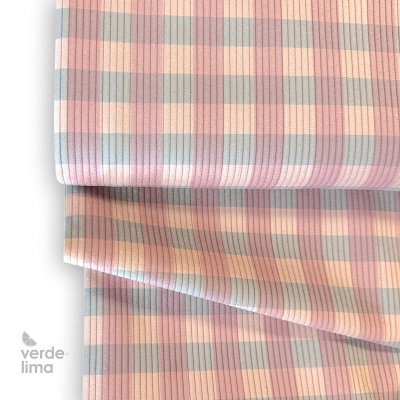 Bombazine estampada  - Xadrez azul e malva