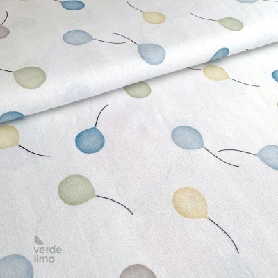 Tecido de Algodão - Bichinhos nas nuvens - Balõezinhos azul