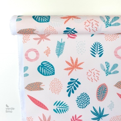 Nylon Impermeável - Folhas tropicais azul e salmão