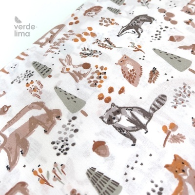 Tecido de Algodão - Animais do bosque fundo branco