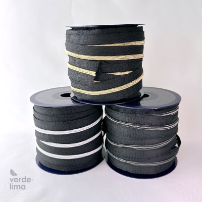 Fecho zipper metalizado malha 5 preto - Bobine de 25m