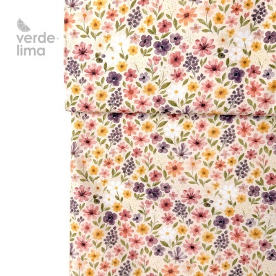 Tecido de Algodão - Estampado digital - Flores fundo creme