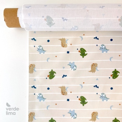 Tecido Plastificado - Baby dinossaur - riscas fundo creme
