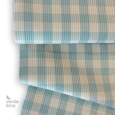 Bombazine estampada  - Xadrez azul e menta