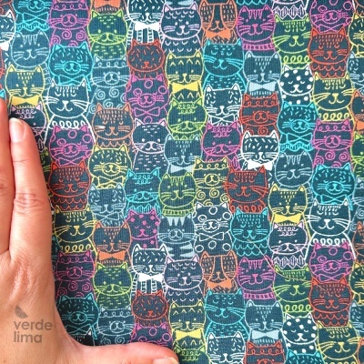 Tecido de Algodão - Whiskers - Portrait cats teal