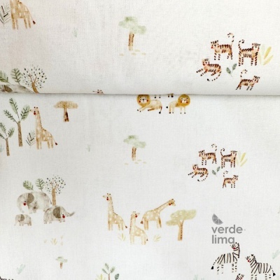 Tecido de Algodão - Estampado digital - Savana - Animais em família