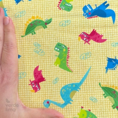 Tecido de Algodão - Dino Friends - Fundo amarelo