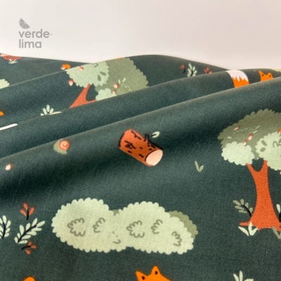 Tecido de Algodão - Animais do bosque fundo verde
