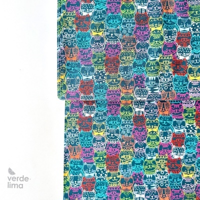 Tecido de Algodão - Whiskers - Portrait cats teal