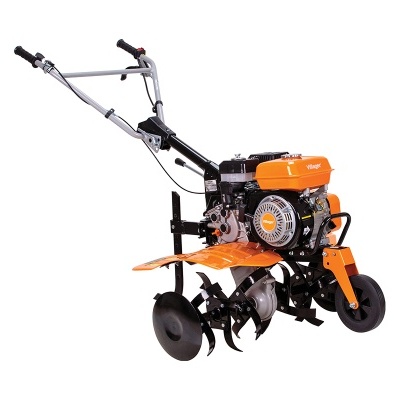 Motoenxada laranja e preta com motor, lâminas afiadas e rodas para jardinagem