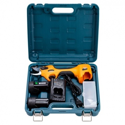 Conjunto de ferramenta elétrica portátil numa mala azul aberta