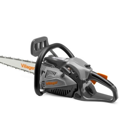 Moto-serra Villager cinzenta com detalhes laranja e punhos pretos