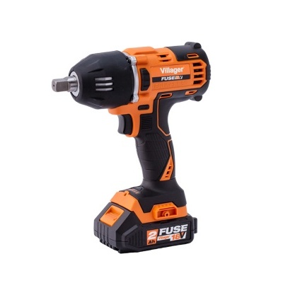 Berbequim/parafusadora sem fios preto e laranja com texto Villager e Fuse