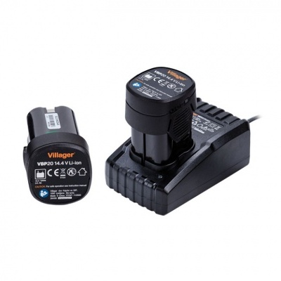 Carregador de bateria Villager com bateria Li-ion preta em fundo branco