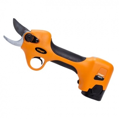 Tesoura elétrica laranja e preta com lâmina curva