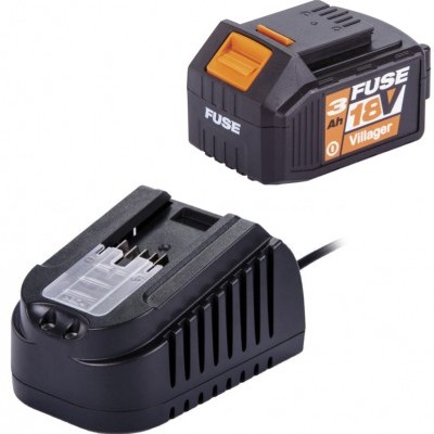 Bateria recarregável 18V preta com detalhe laranja e carregador preto