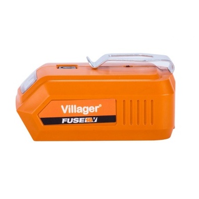 Dispositivo eletrónico portátil laranja com texto Villager FUSE V1